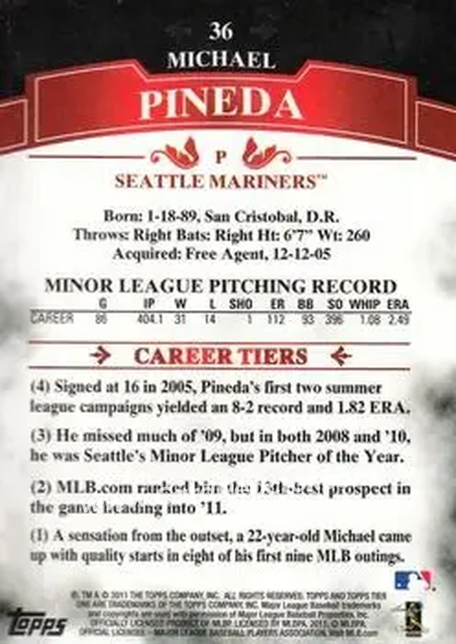 2011 Topps Tier One #36 - Michael Pineda - Seattle Mariners - Back