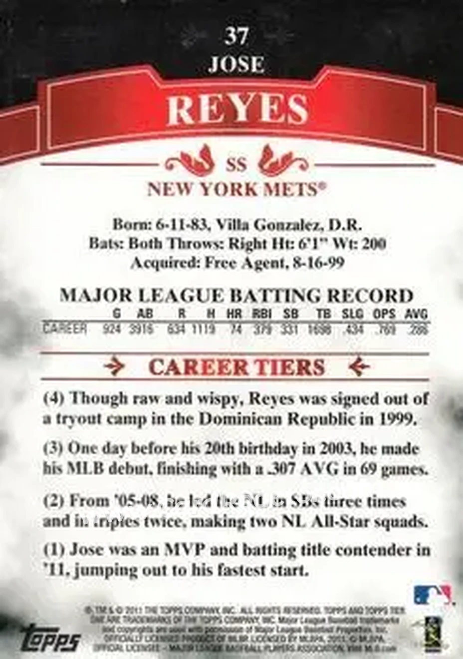 2011 Topps Tier One #37 - Jose Reyes - New York Mets - Back