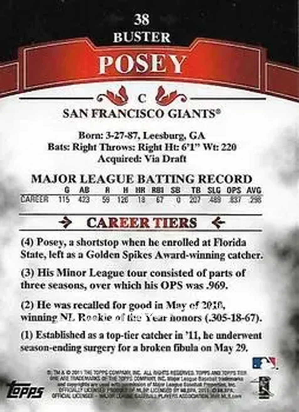 2011 Topps Tier One #38 - Buster Posey - San Francisco Giants - Back