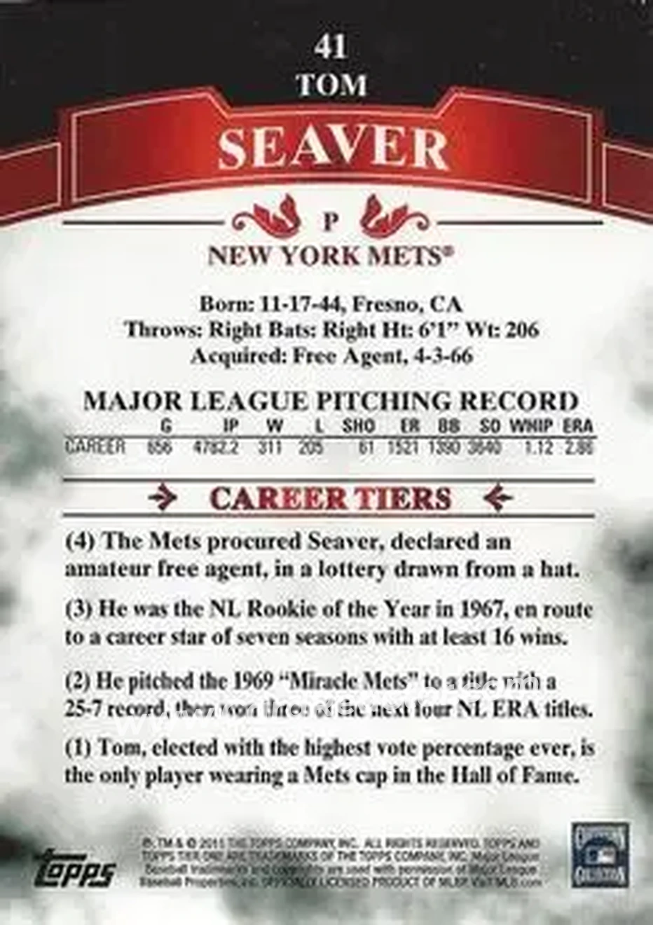 2011 Topps Tier One #41 - Tom Seaver - New York Mets - Back