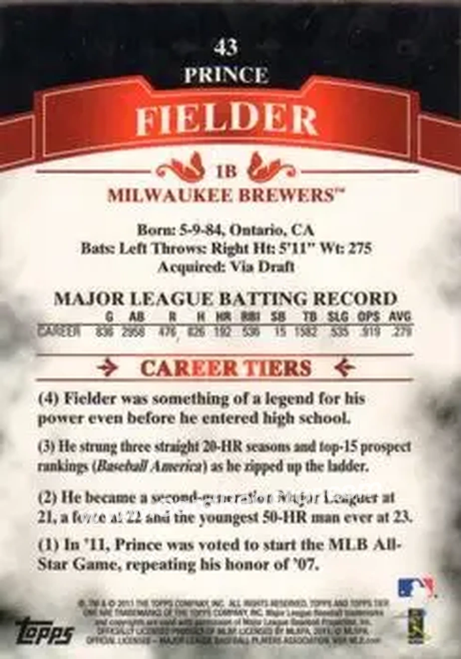 2011 Topps Tier One #43 - Prince Fielder - Milwaukee Brewers - Back