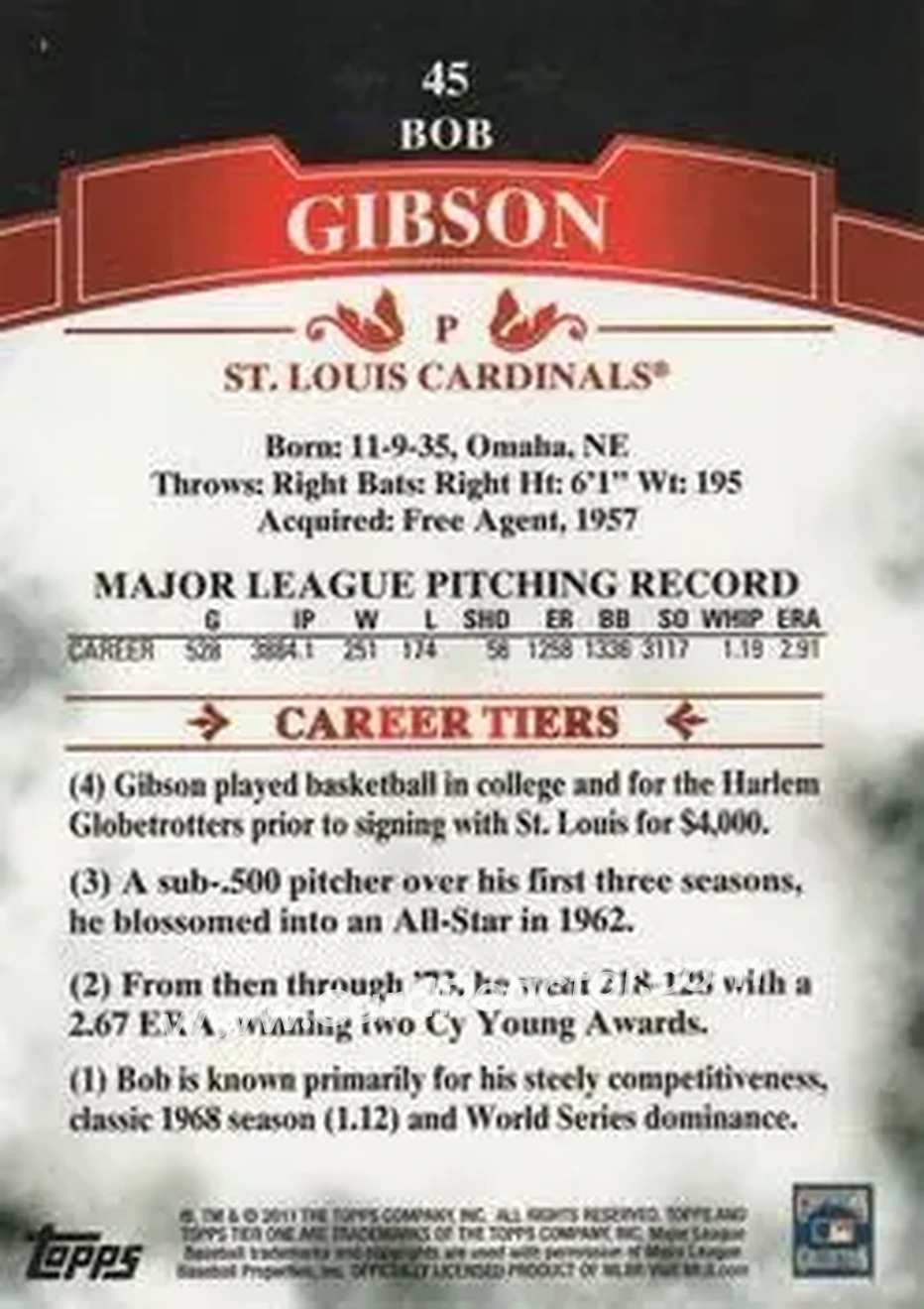 2011 Topps Tier One #45 - Bob Gibson - St. Louis Cardinals - Back