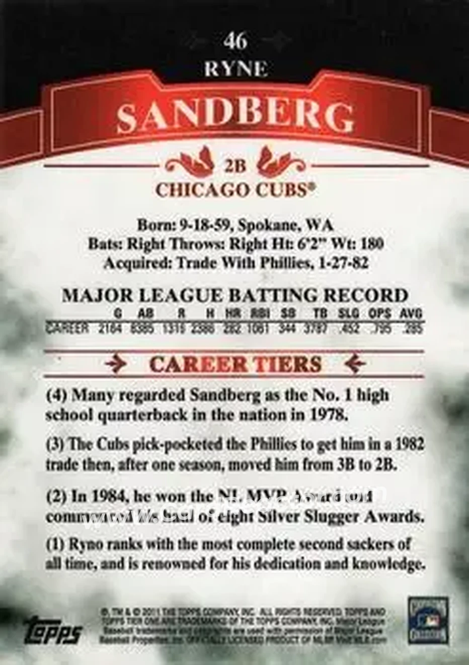 2011 Topps Tier One #46 - Ryne Sandberg - Chicago Cubs - Back