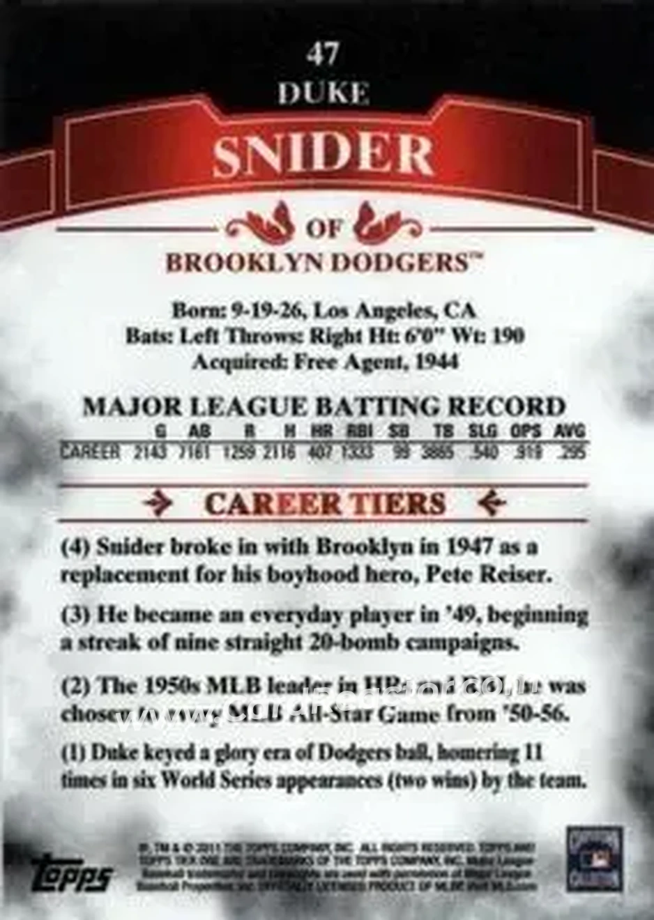 2011 Topps Tier One #47 - Edwin "Duke" Snider - Brooklyn Dodgers - Back