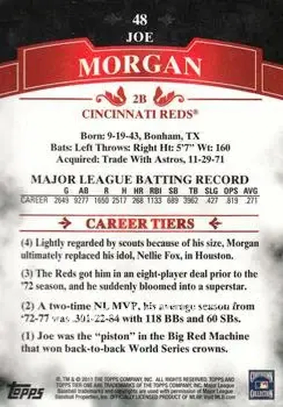 2011 Topps Tier One #48 - Joe Morgan - Cincinnati Reds - Back