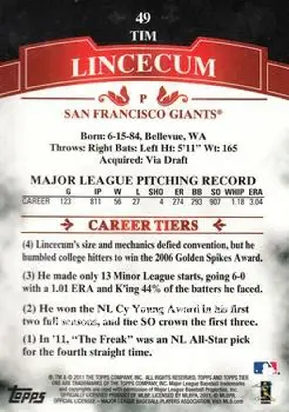 2011 Topps Tier One #49 - Tim Lincecum - San Francisco Giants - Back