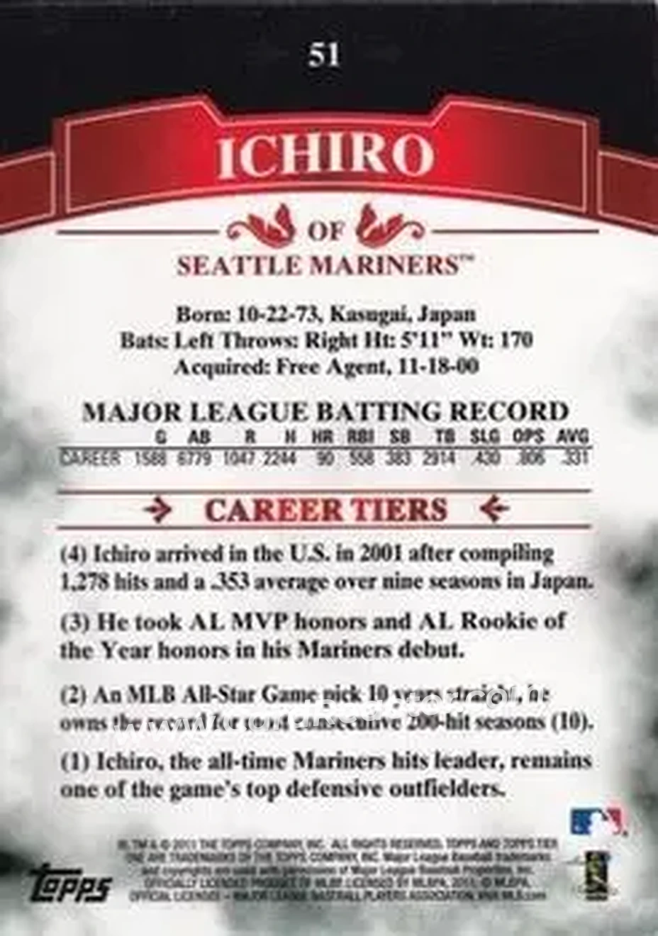 2011 Topps Tier One #51 - Ichiro - Seattle Mariners - Back
