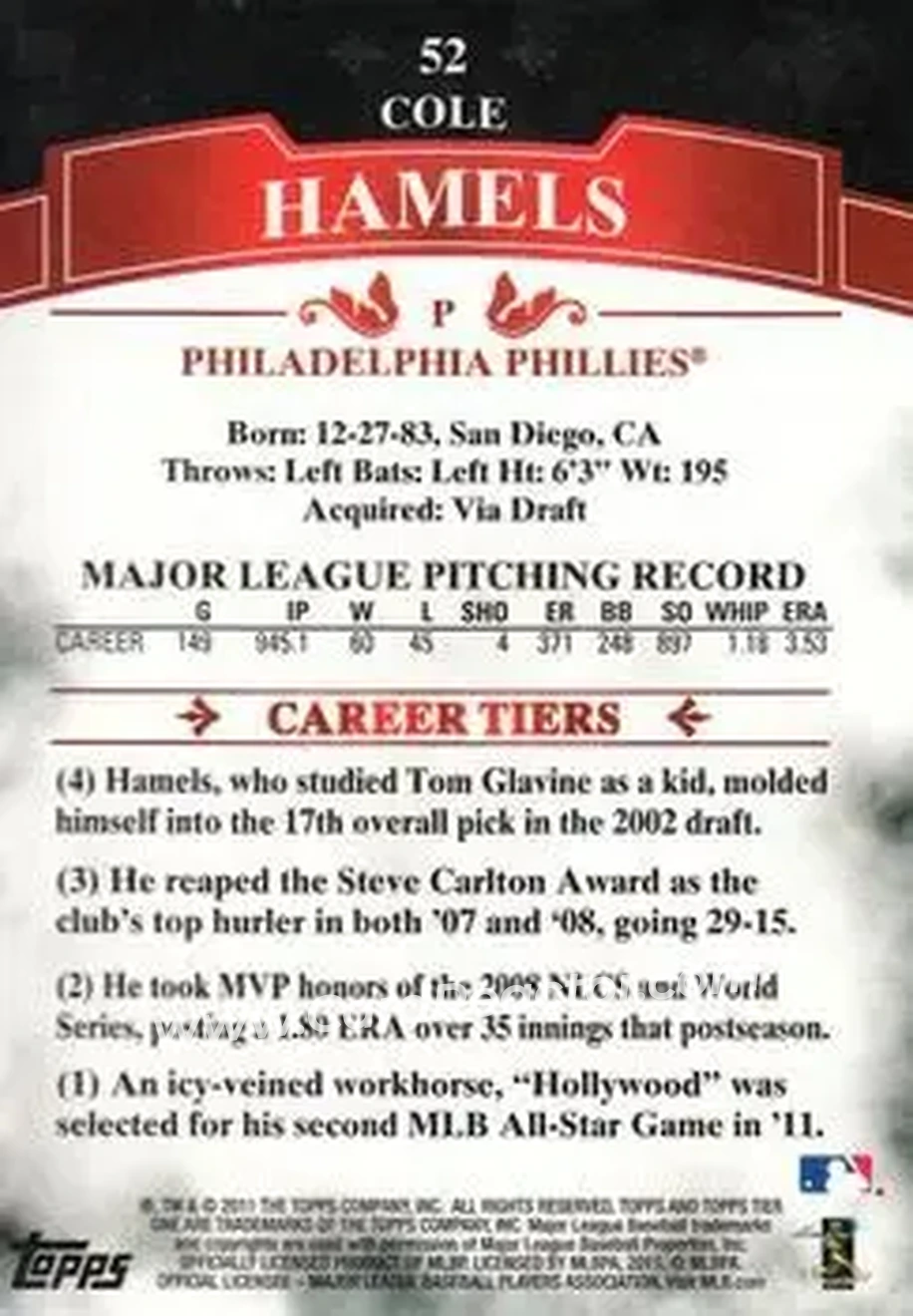2011 Topps Tier One #52 - Cole Hamels - Philadelphia Phillies - Back