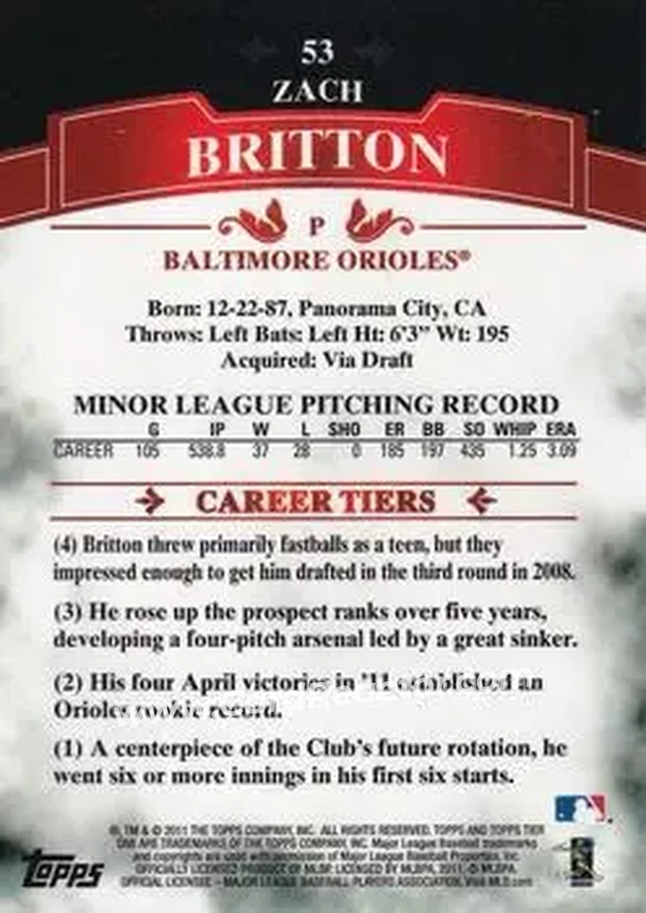 2011 Topps Tier One #53 - Zack Britton - Baltimore Orioles - Back