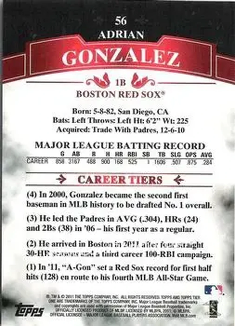 2011 Topps Tier One #56 - Adrian Gonzalez - Boston Red Sox - Back 2011 Topps Tier One #56 - Adrian Gonzalez - Boston Red Sox - Back