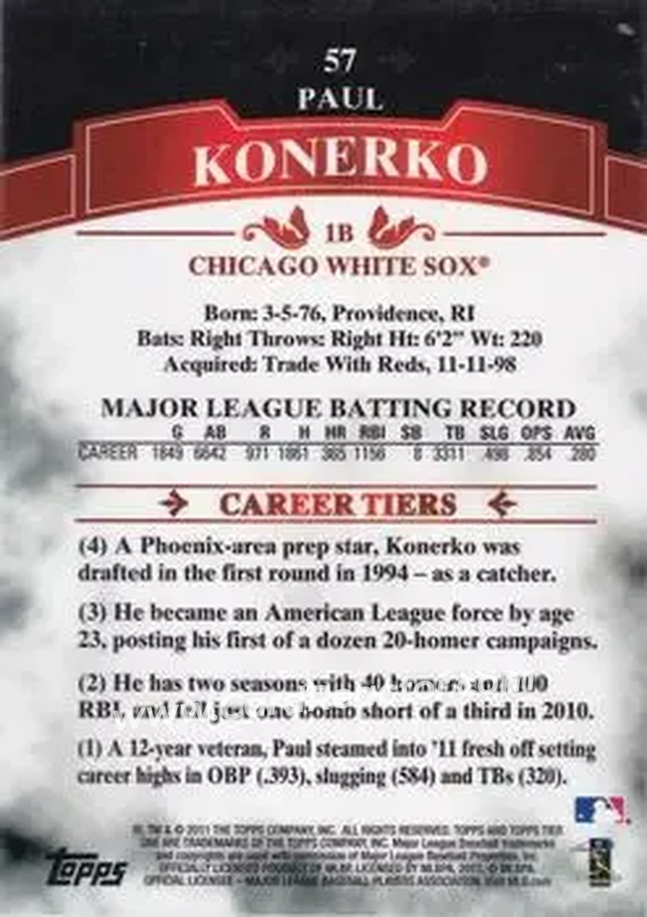 2011 Topps Tier One #57 - Paul Konerko - Chicago White Sox - Back