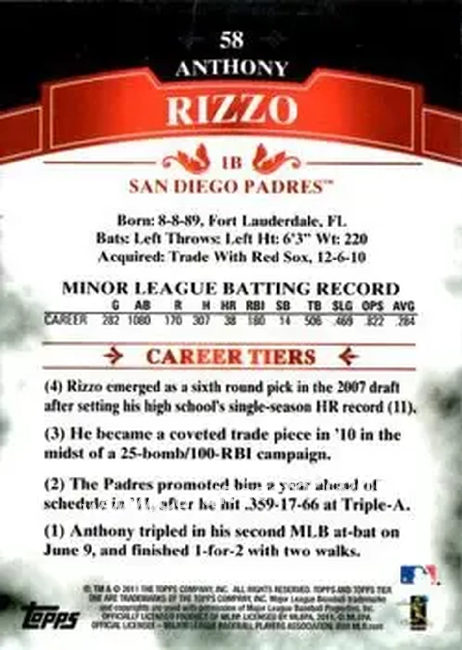 2011 Topps Tier One #58 - Anthony Rizzo - San Diego Padres - Back
