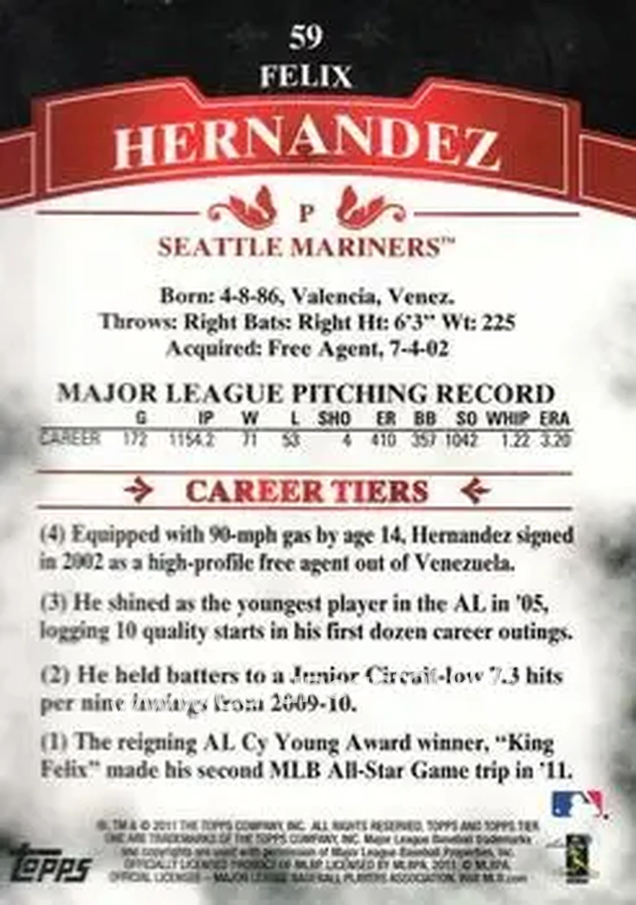 2011 Topps Tier One #59 - Felix Hernandez - Seattle Mariners - Back