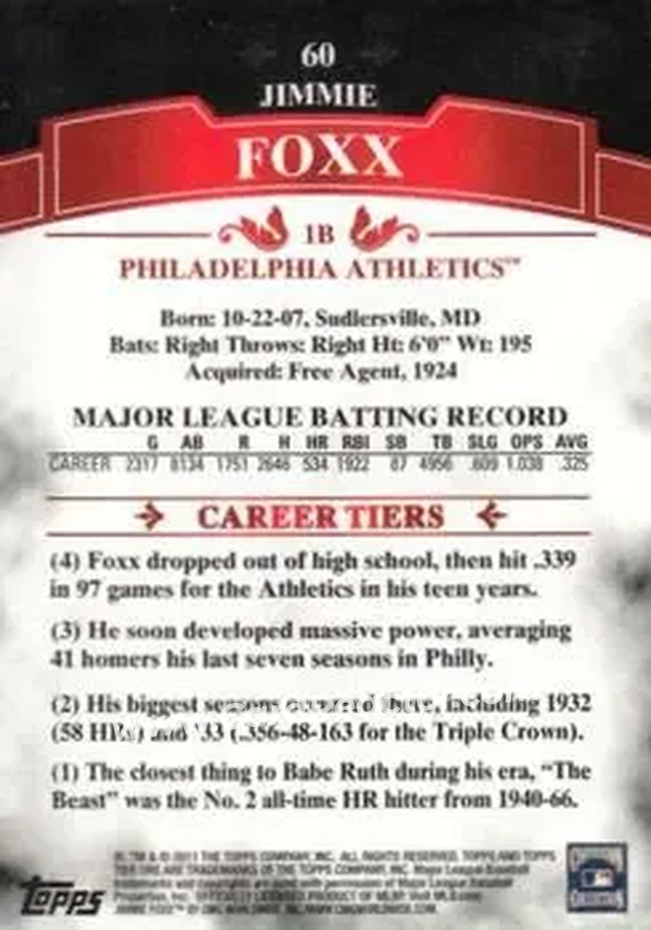 2011 Topps Tier One #60 - Jimmie Foxx - Philadelphia Athletics - Back