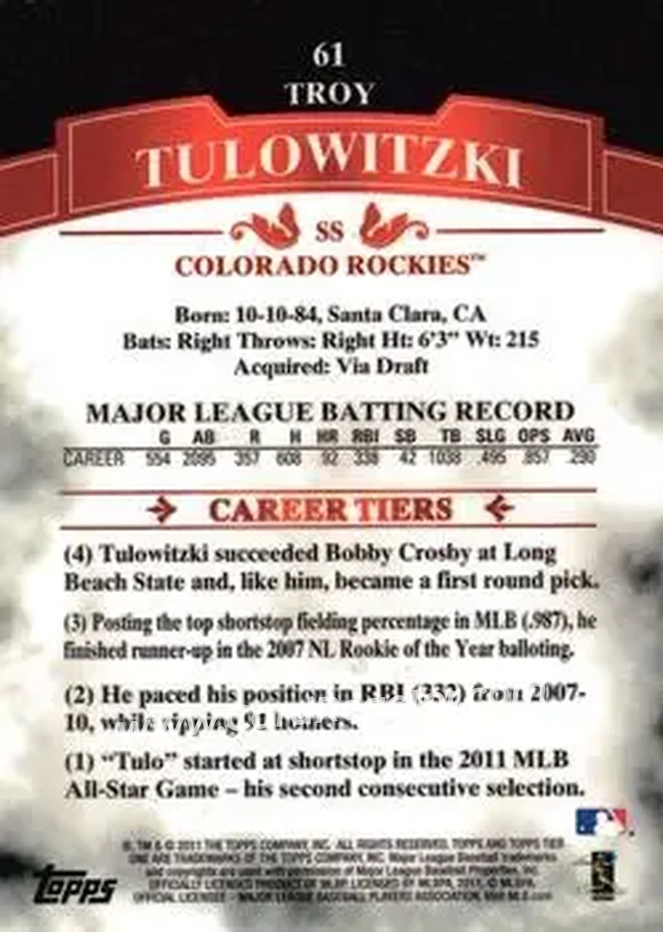 2011 Topps Tier One #61 - Troy Tulowitzki - Colorado Rockies - Back