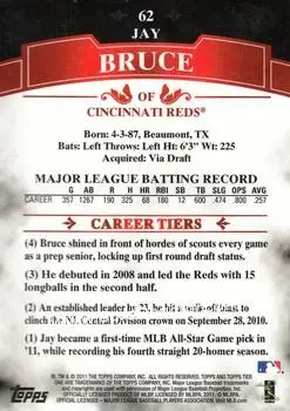 2011 Topps Tier One #62 - Jay Bruce - Cincinnati Reds - Back