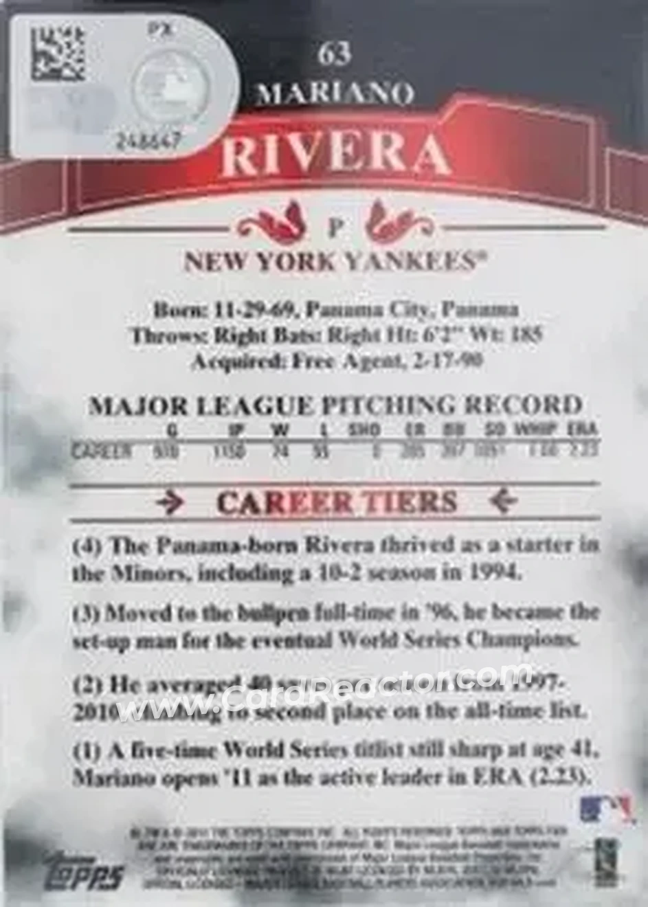 2011 Topps Tier One #63 - Mariano Rivera - New York Yankees - Back 2011 Topps Tier One #63 - Mariano Rivera - New York Yankees - Back