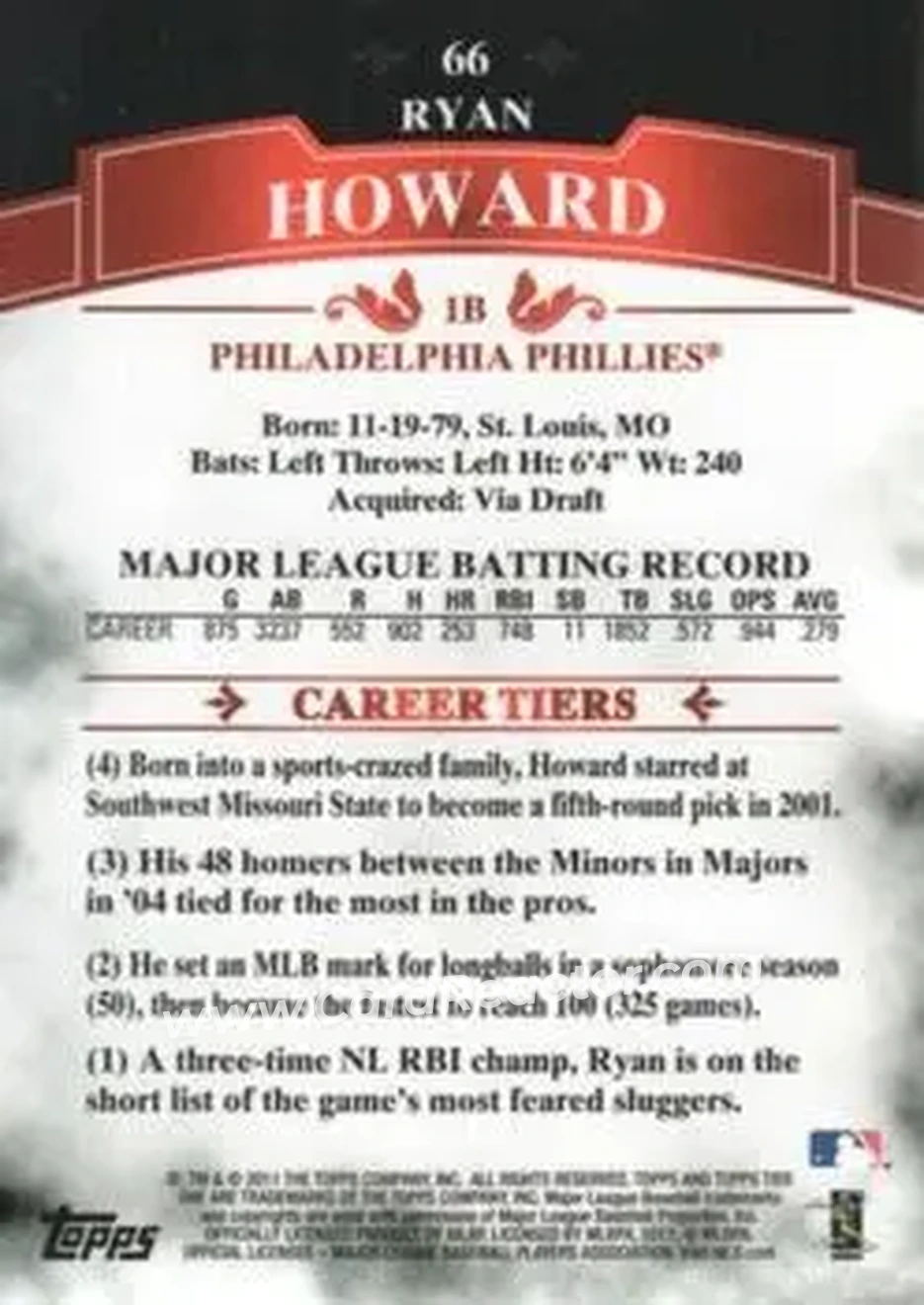 2011 Topps Tier One #66 - Ryan Howard - Philadelphia Phillies - Back