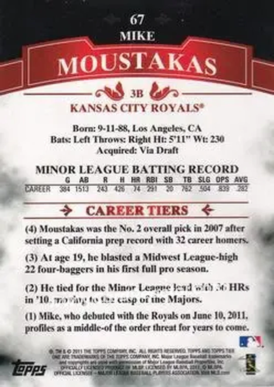 2011 Topps Tier One #67 - Mike Moustakas - Kansas City Royals - Back