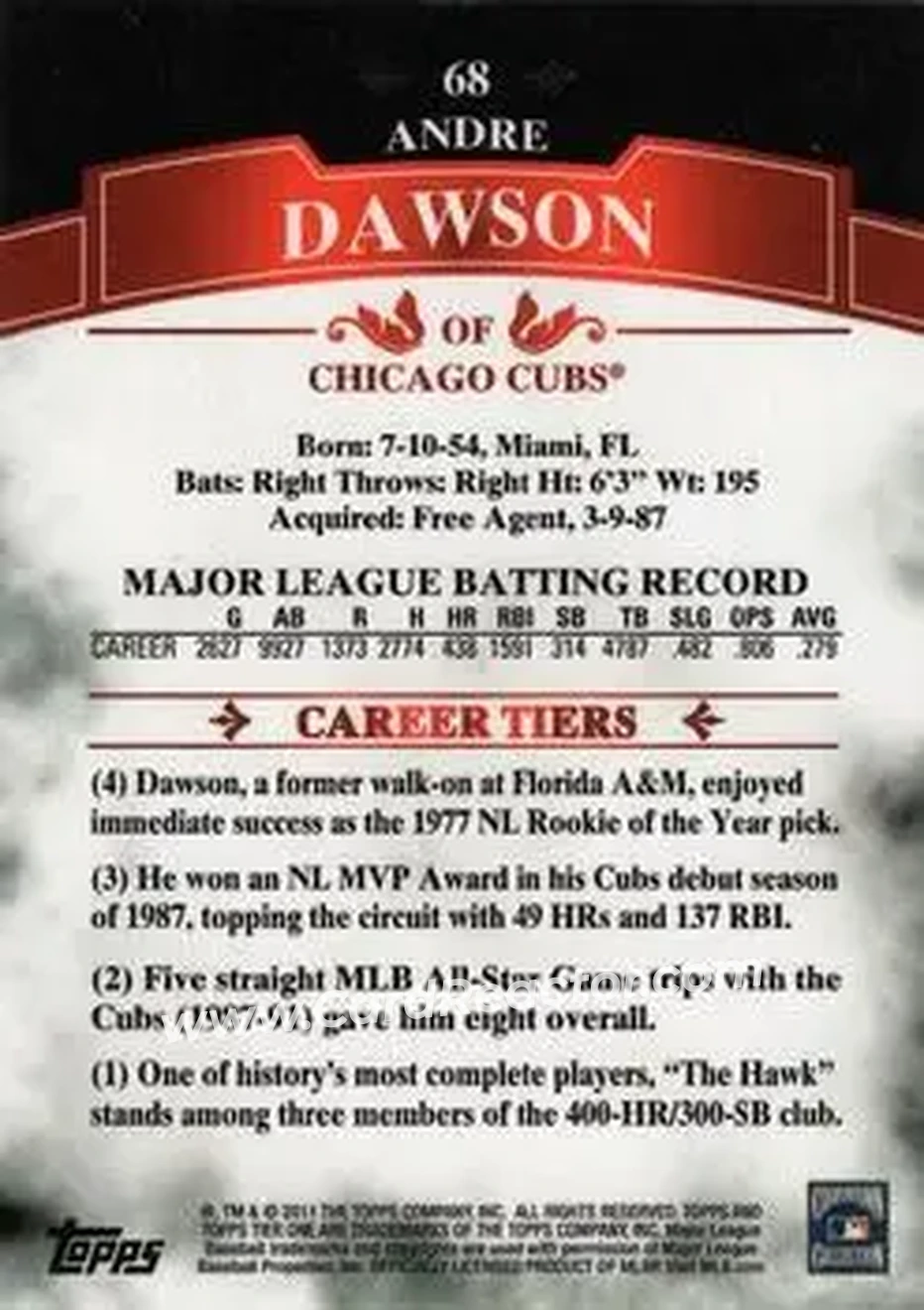 2011 Topps Tier One #68 - Andre Dawson - Chicago Cubs - Back