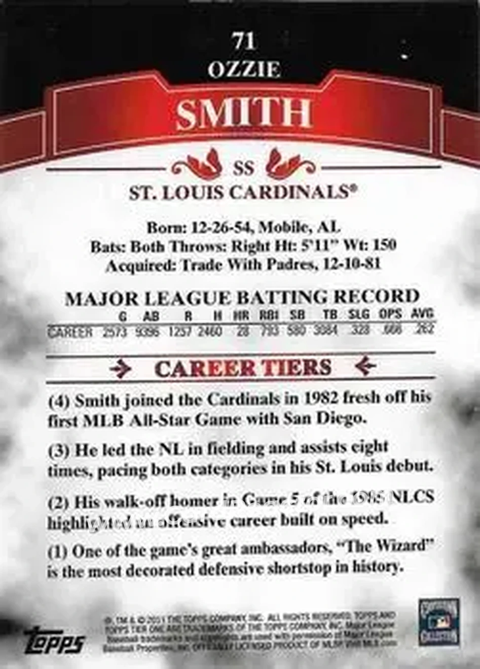 2011 Topps Tier One #71 - Ozzie Smith - St. Louis Cardinals - Back
