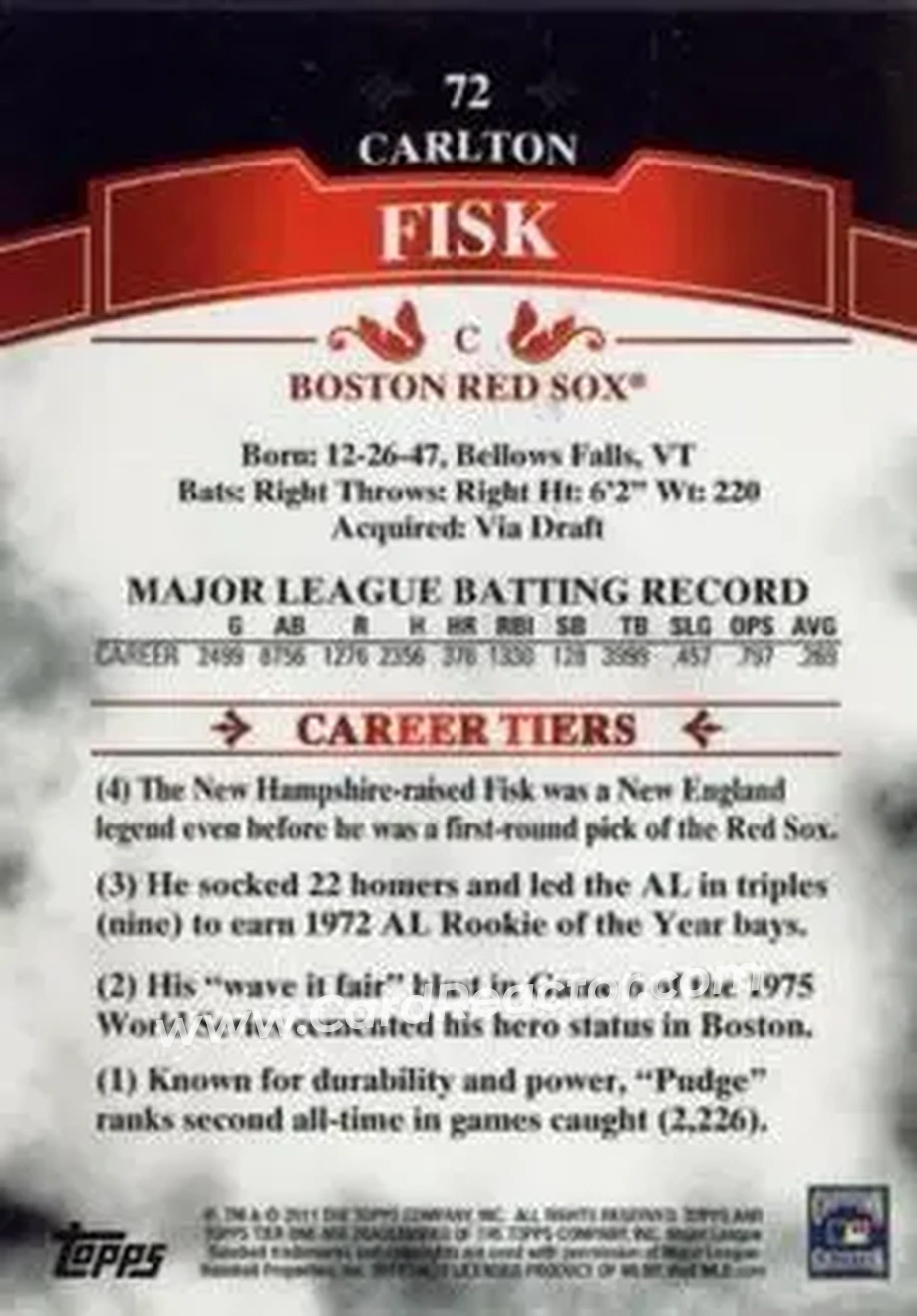 2011 Topps Tier One #72 - Carlton Fisk - Boston Red Sox - Back