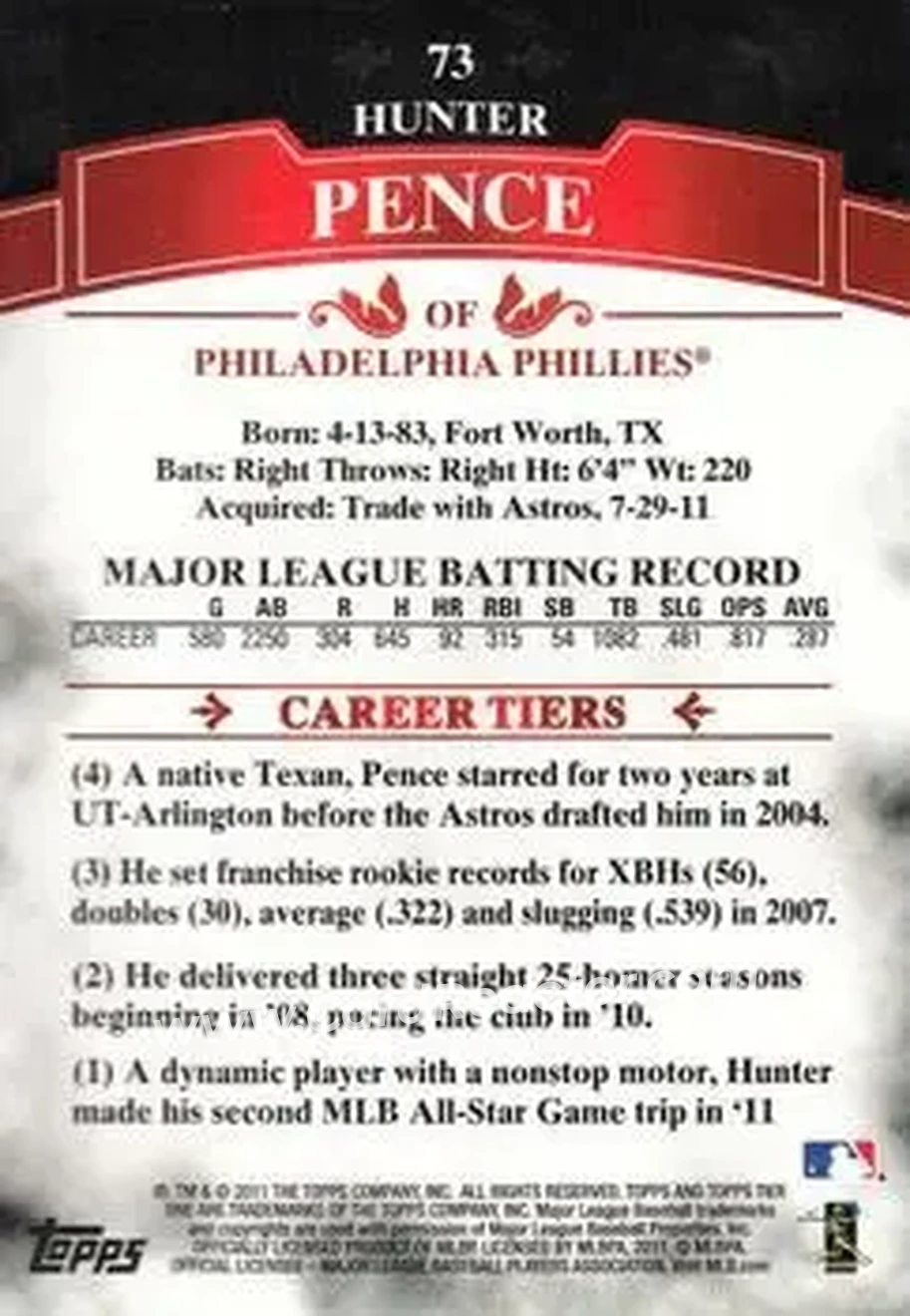 2011 Topps Tier One #73 - Hunter Pence - Philadelphia Phillies - Back