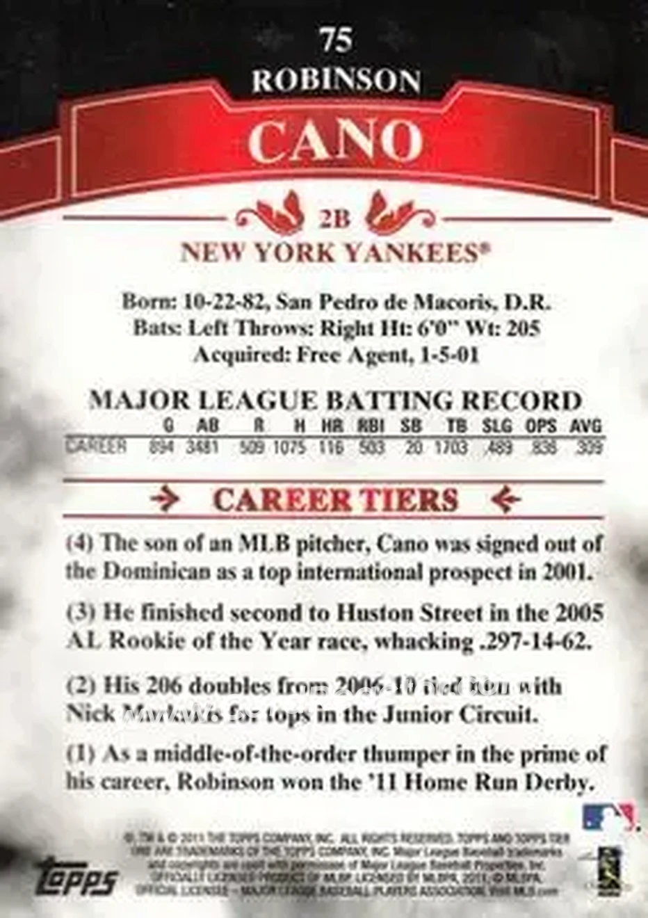 2011 Topps Tier One #75 - Robinson Cano - New York Yankees - Back