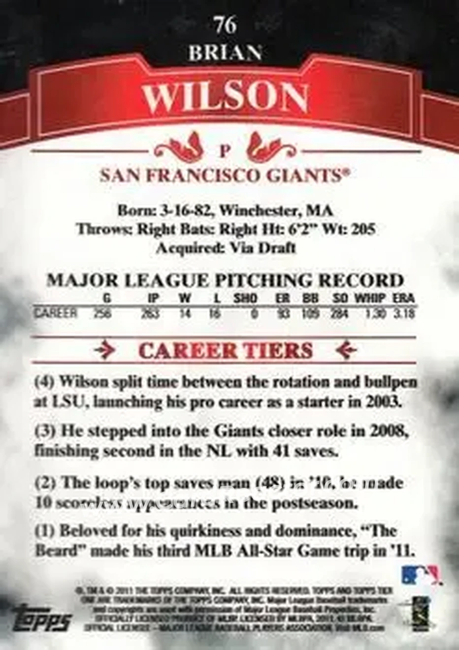 2011 Topps Tier One #76 - Brian Wilson - San Francisco Giants - Back
