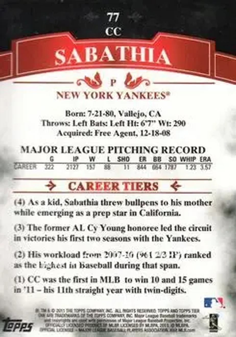 2011 Topps Tier One #77 - CC Sabathia - New York Yankees - Back 2011 Topps Tier One #77 - CC Sabathia - New York Yankees - Back