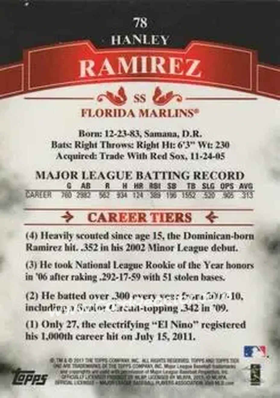 2011 Topps Tier One #78 - Hanley Ramirez - Florida Marlins - Back