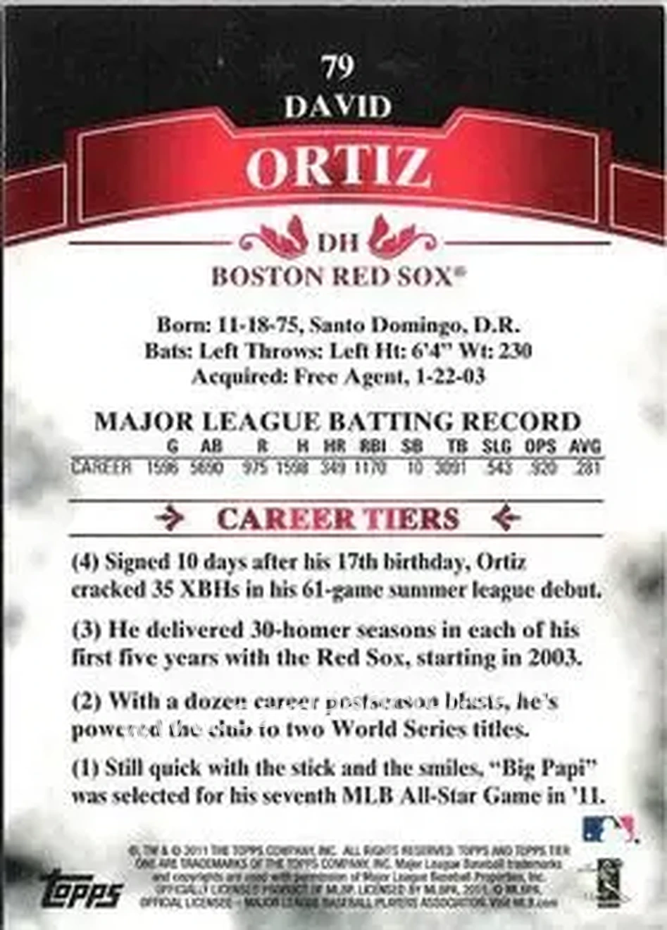 2011 Topps Tier One #79 - David Ortiz - Boston Red Sox - Back