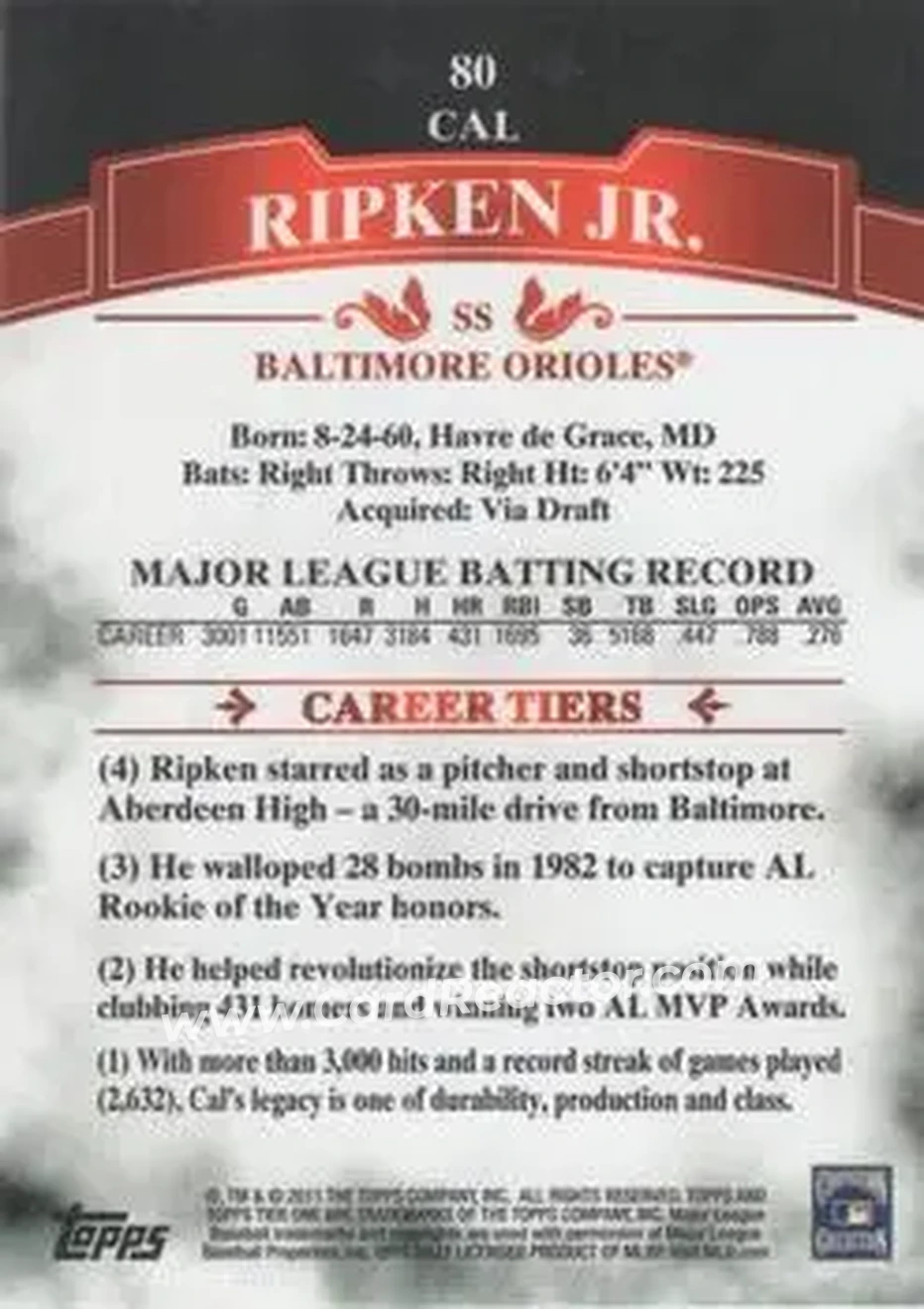 2011 Topps Tier One #80 - Cal Ripken - Baltimore Orioles - Back