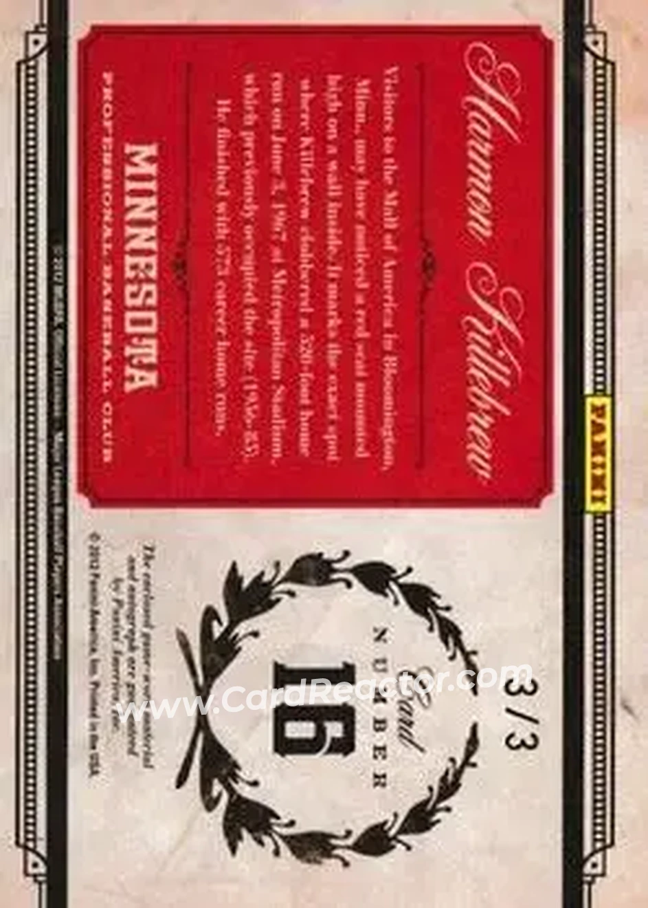 2011 Panini Prime Cuts - Colossal Materials Signatures #16 - Harmon Killebrew - Minnesota Twins - Back
