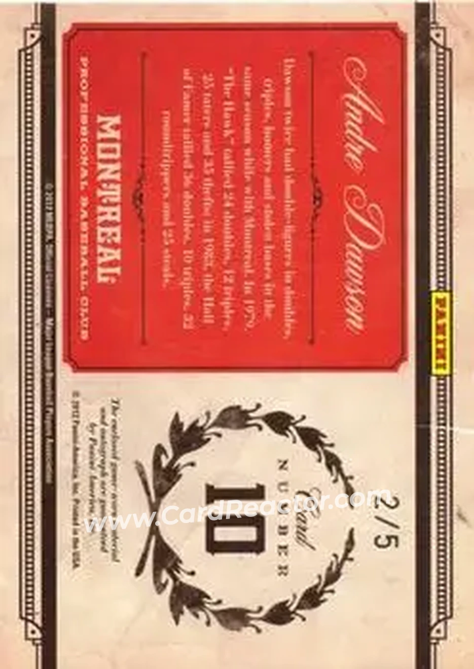 2011 Panini Prime Cuts - Colossal Materials Signatures Prime #10 - Andre Dawson - Montreal Expos - Back