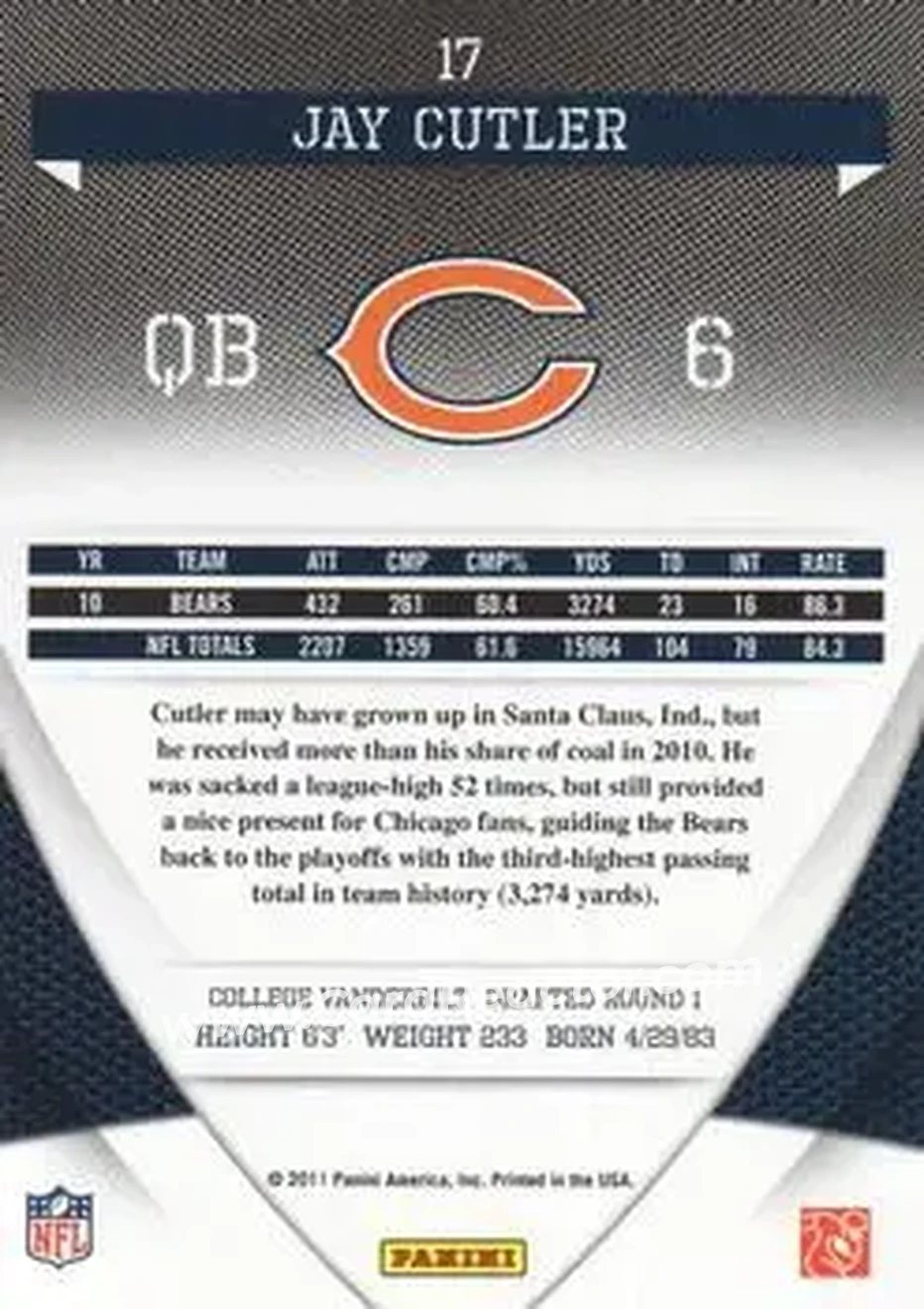 2011 Donruss Elite #17 - Jay Cutler - Chicago Bears - Back
