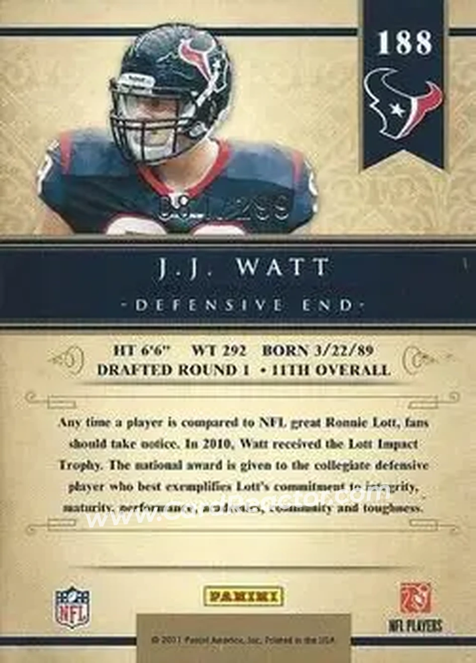 2011 Panini Gold Standard #188 - J.J. Watt - Houston Texans - Back
