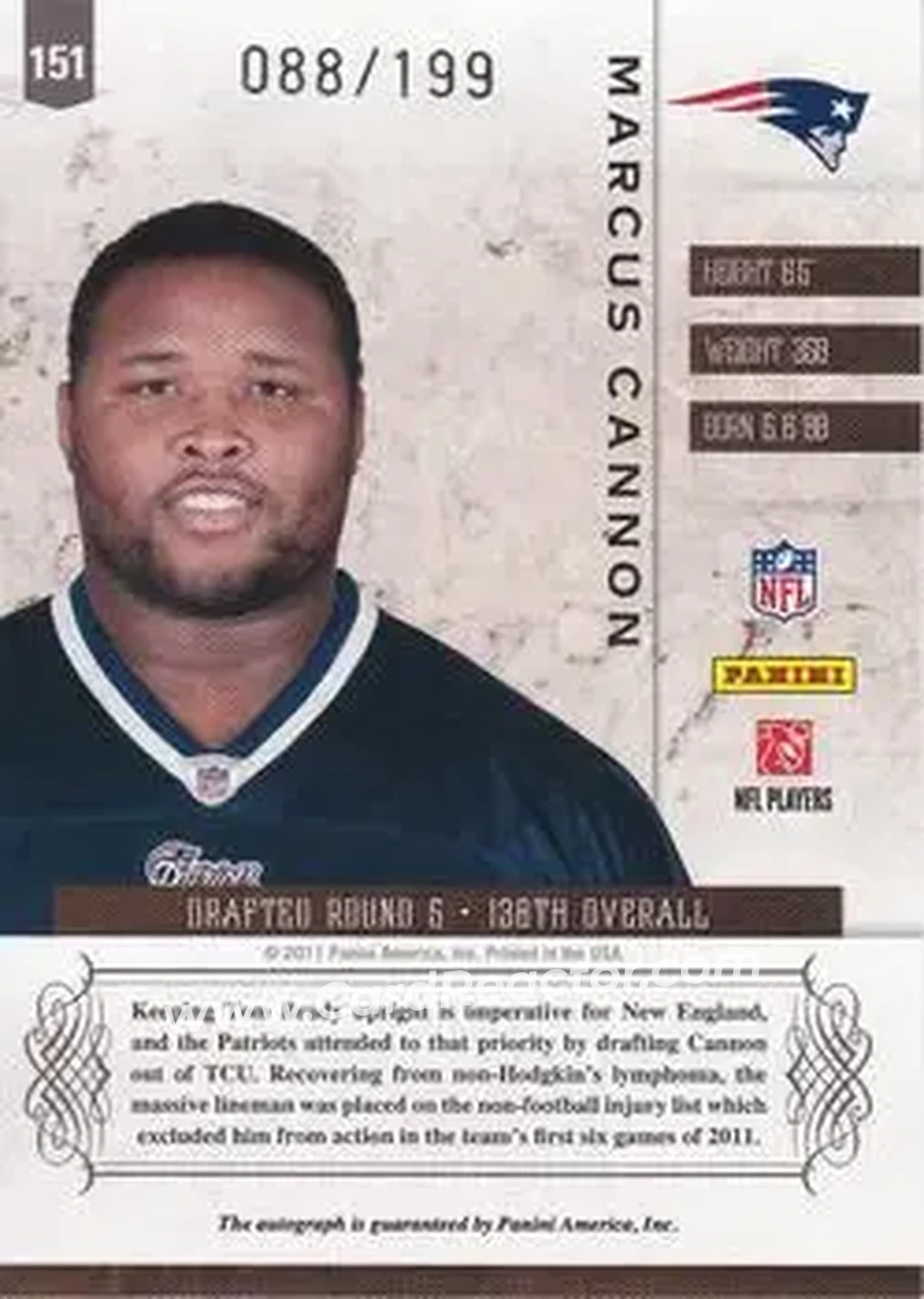 2011 Panini Plates & Patches #151 - Marcus Cannon - New England Patriots - Back