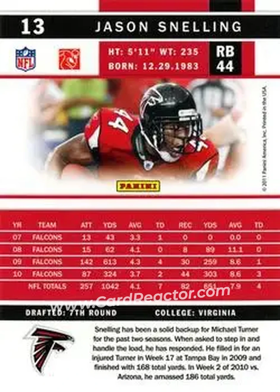 2011 Score #13 - Jason Snelling - Atlanta Falcons - Back