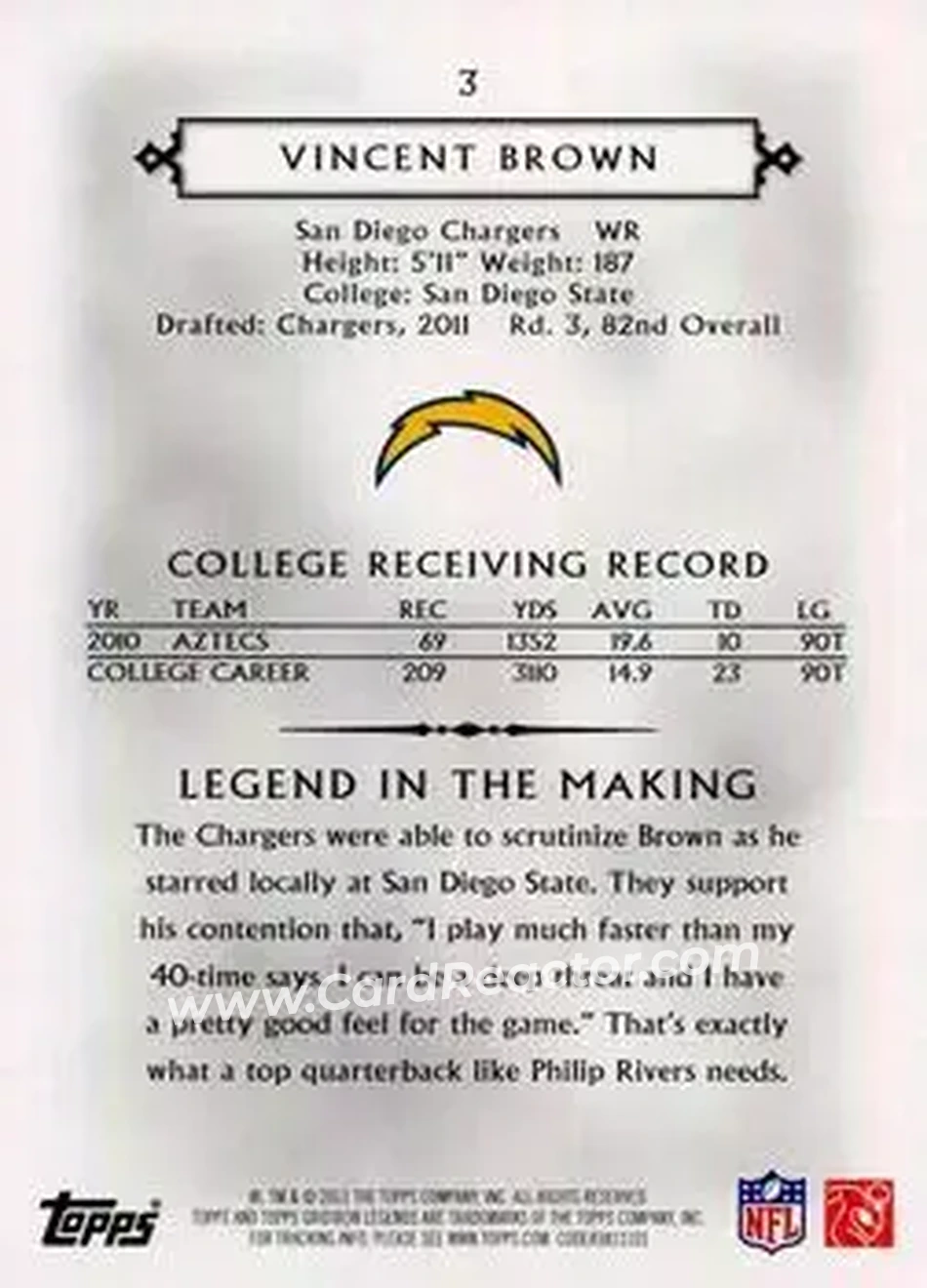2011 Topps Gridiron Legends #3 - Vincent Brown - San Diego Chargers - Back