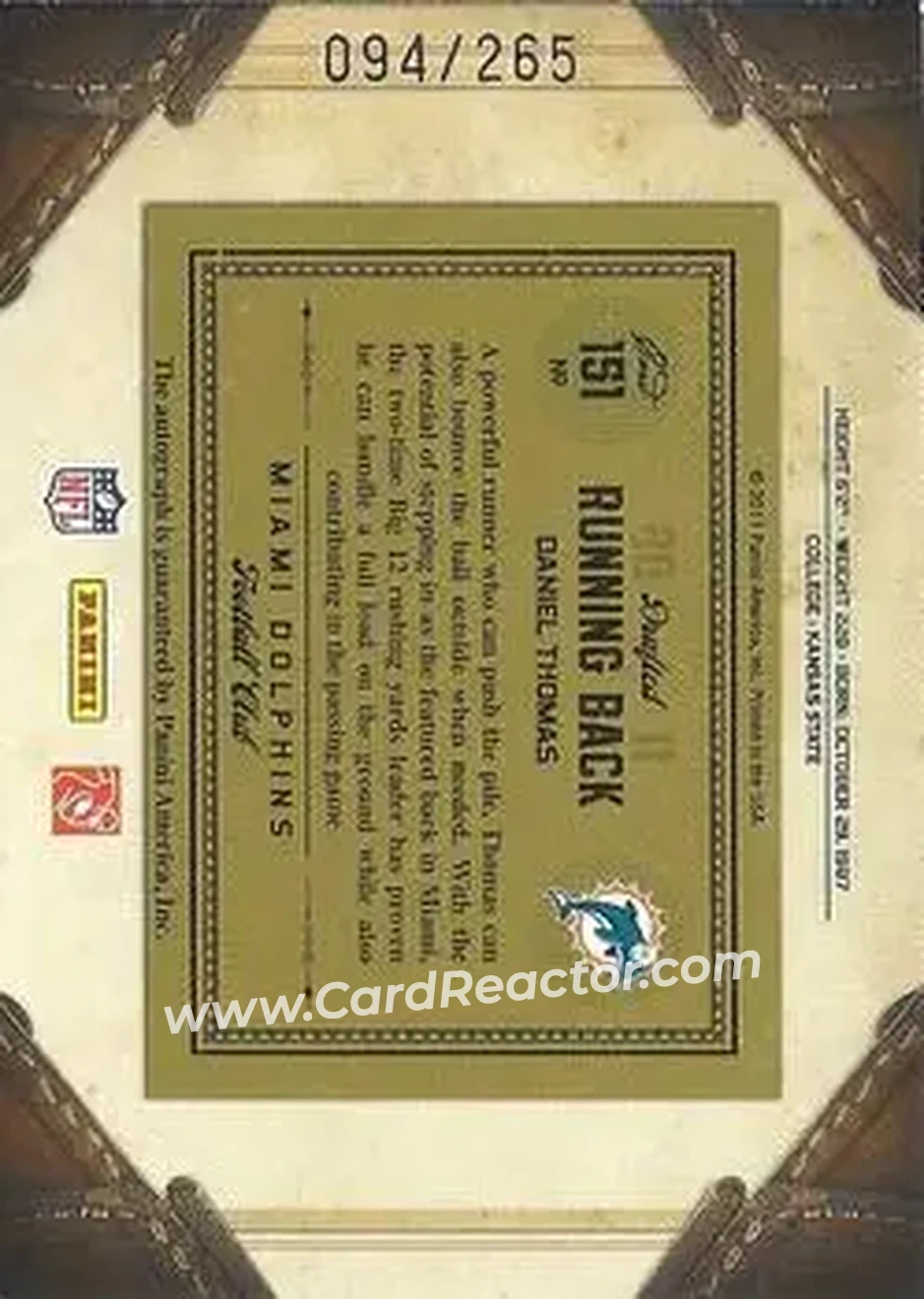 2011 Panini Timeless Treasures #151 - Daniel Thomas - Miami Dolphins - Back