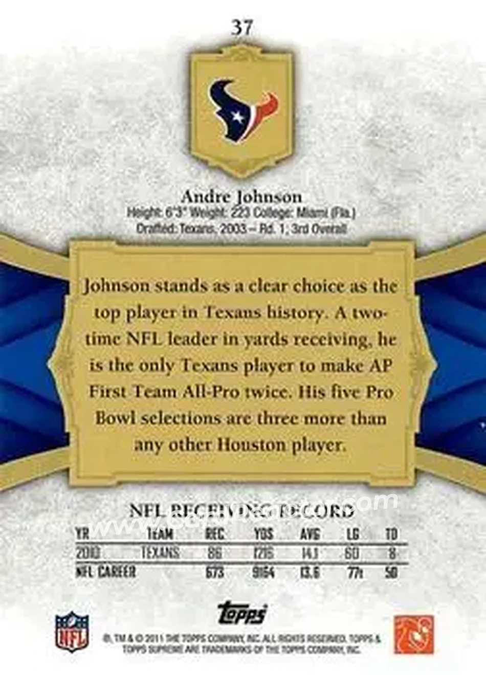 2011 Topps Supreme #37 - Andre Johnson - Houston Texans - Back