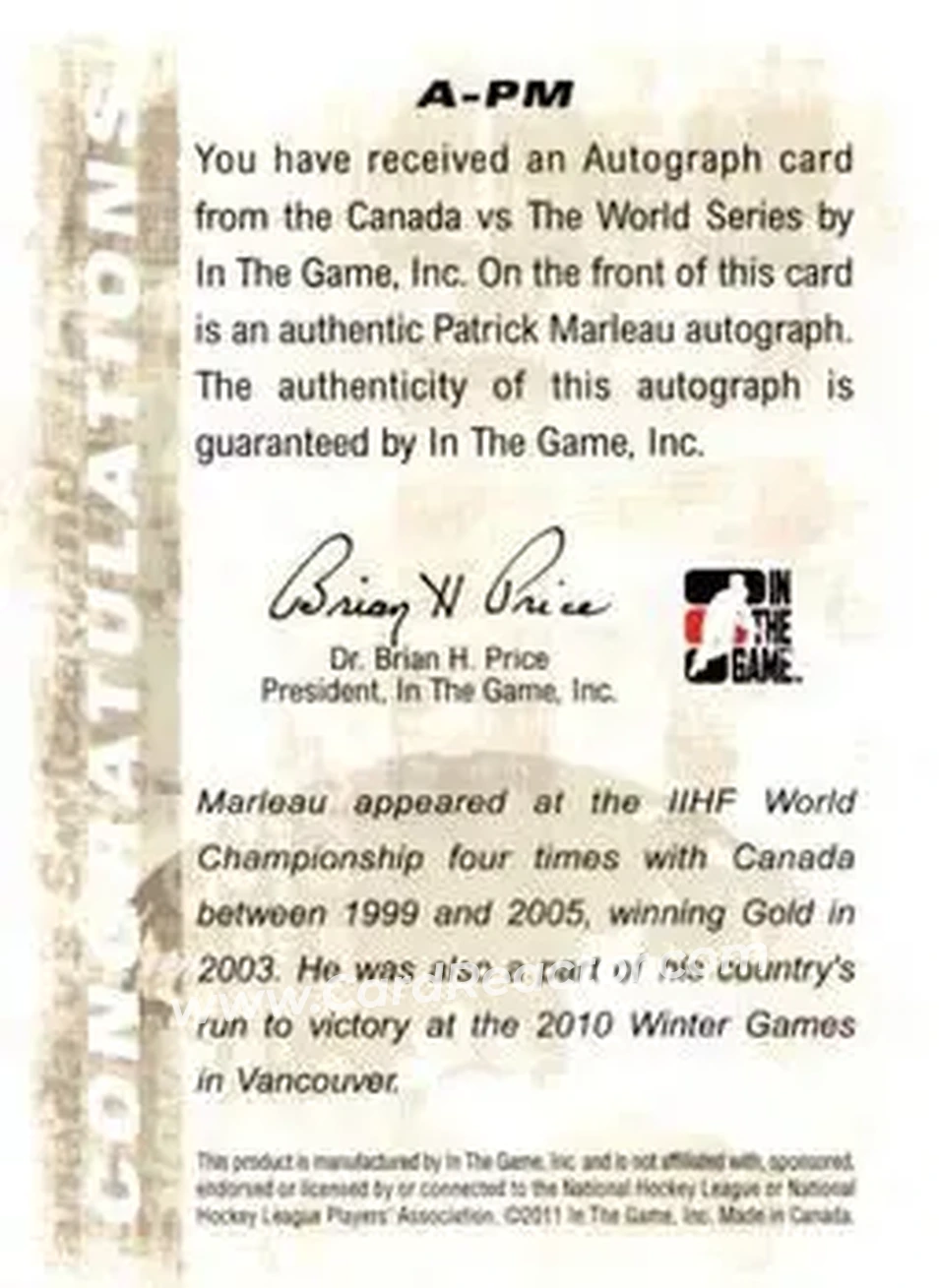 2011-12 In The Game Canada vs. The World #A-PM - Patrick Marleau - Canada - Back