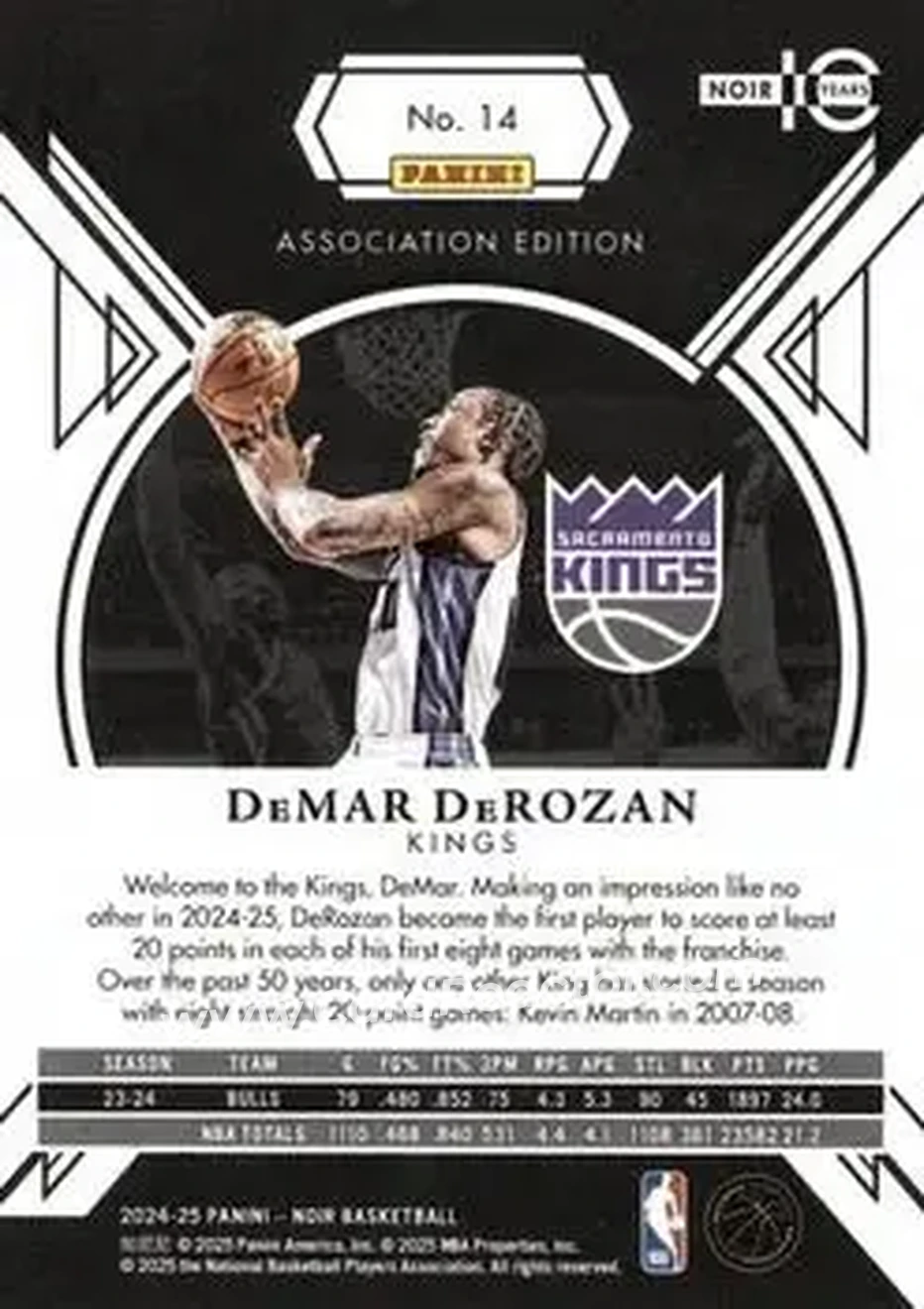 2024-25 Panini Noir #14 - DeMar DeRozan - Sacramento Kings - Back 2024-25 Panini Noir #14 - DeMar DeRozan - Sacramento Kings - Back