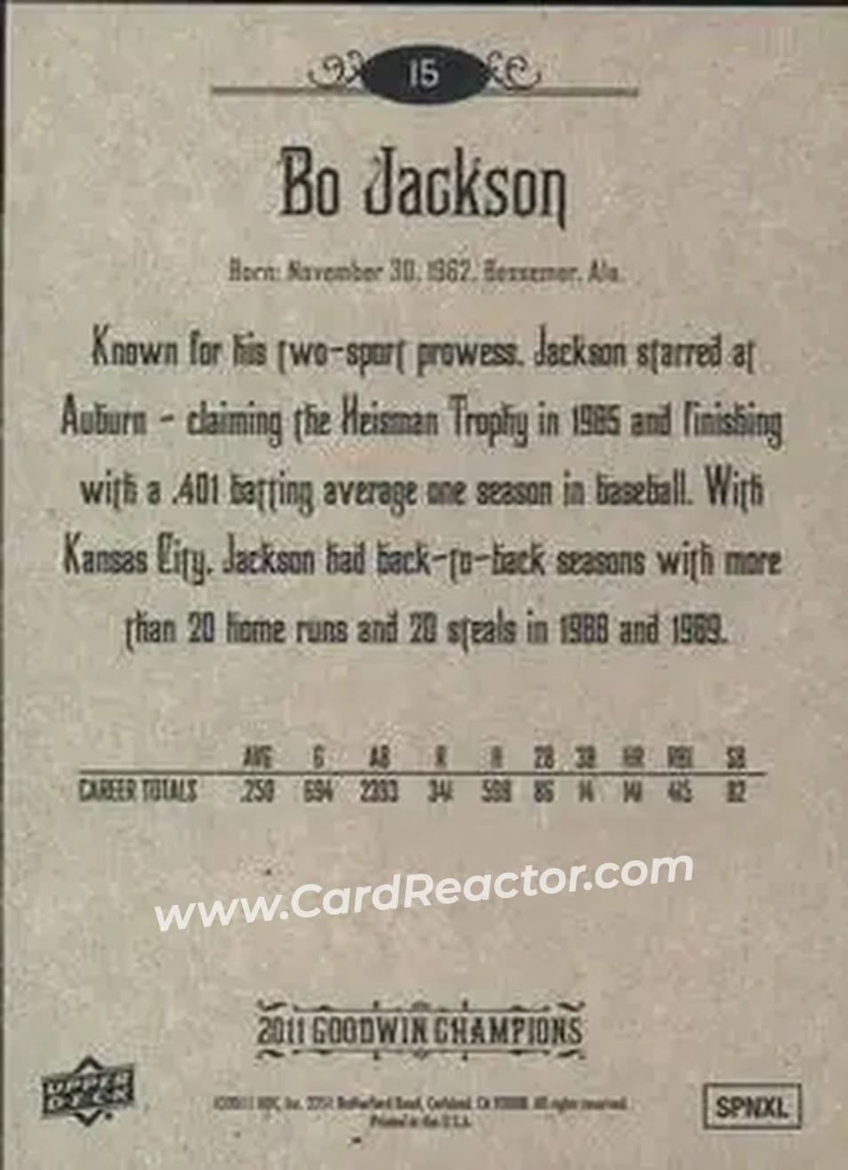 2011 Upper Deck Goodwin Champions #15 - Bo Jackson - Back