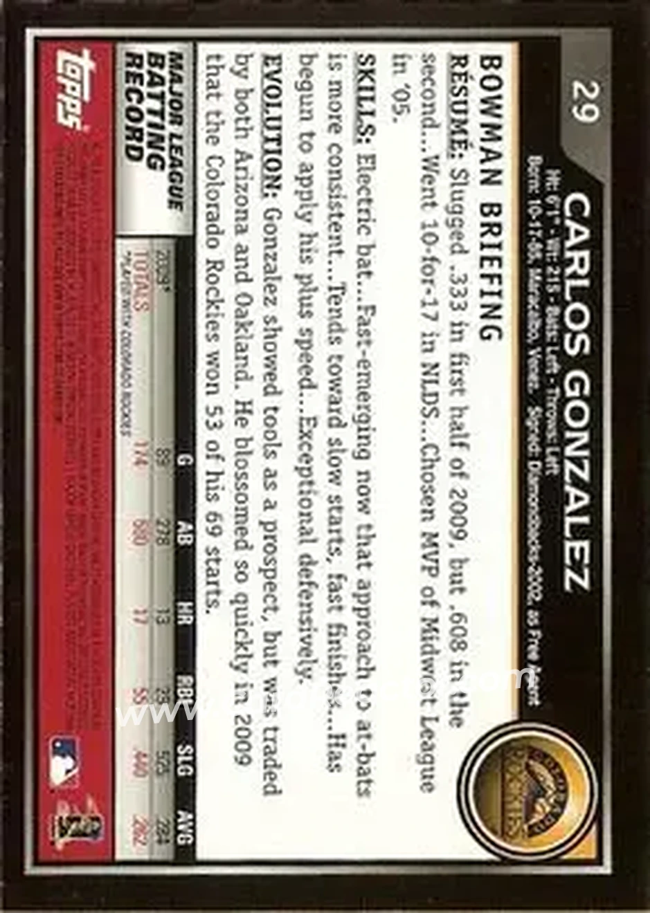 2010 Bowman Chrome #29 - Carlos Gonzalez - Colorado Rockies - Back