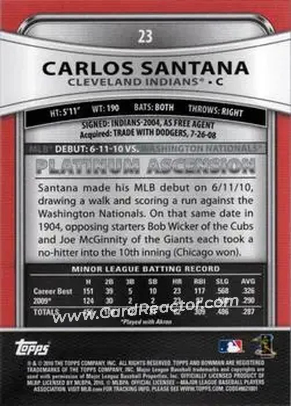 2010 Bowman Platinum #23 - Carlos Santana - Cleveland Indians - Back