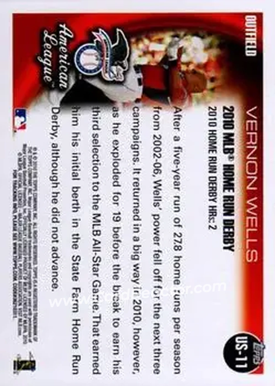 2010 Topps Update #US-11 - Vernon Wells - Toronto Blue Jays - Back