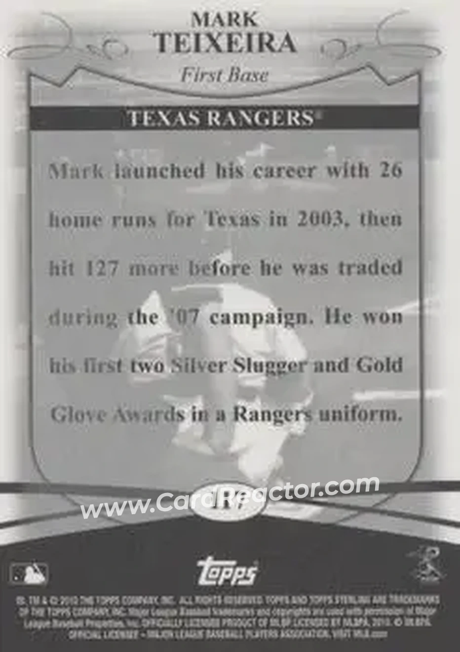2010 Topps Sterling #117 - Mark Teixeira - Texas Rangers - Back