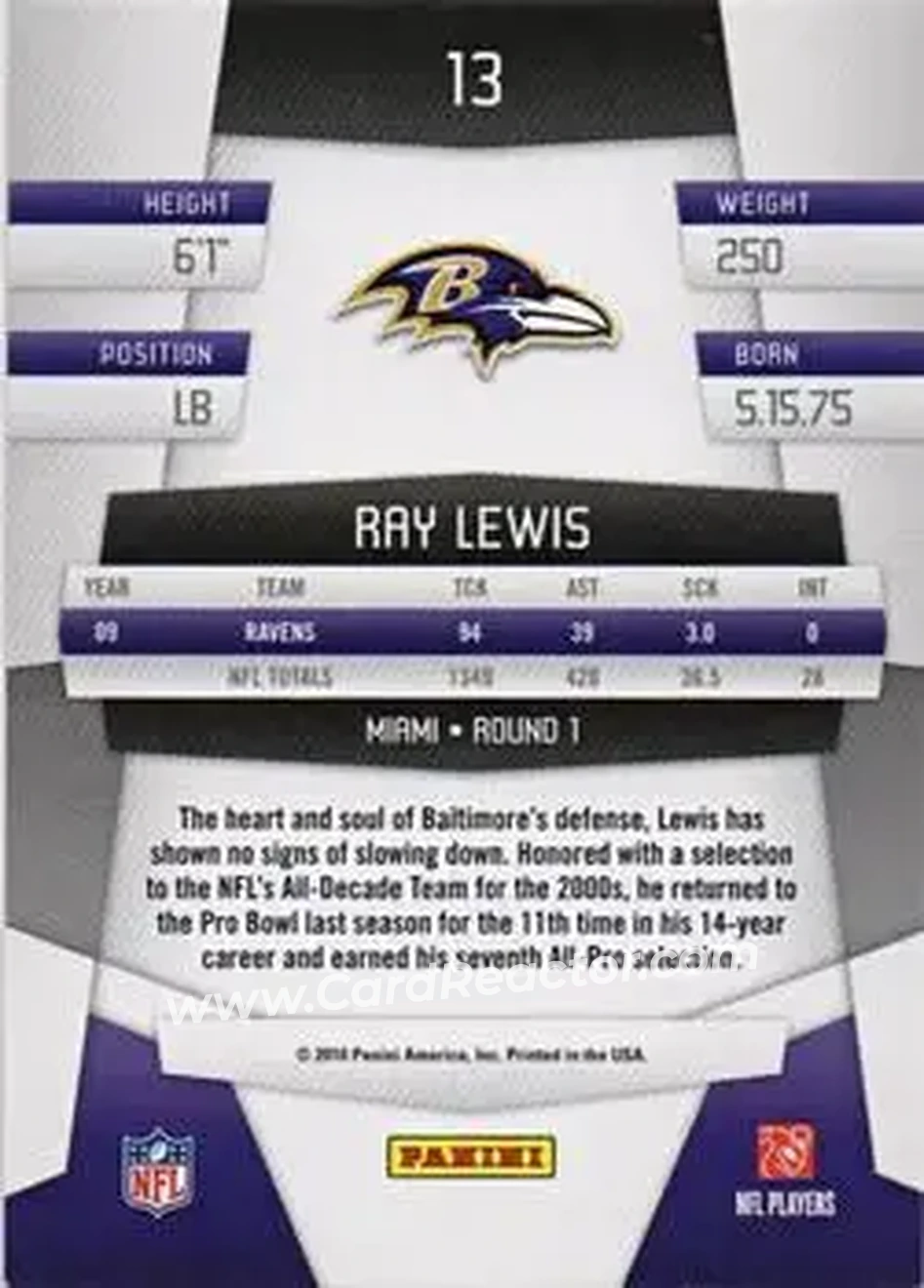 2010 Panini Certified #13 - Ray Lewis - Baltimore Ravens - Back